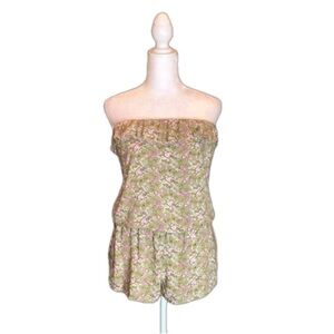 POETRY Clothing Green & Pink Floral Print Strapless Romper, Size S